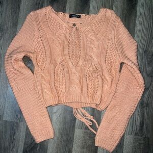 Cable Knit Cropped Lace-Up Sweater